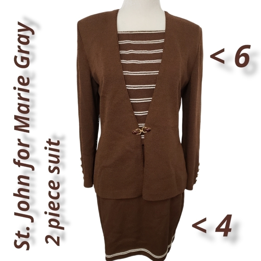 ST. John for Marie Gray Brown Knit Suit 2 Piece 6 Jacket 4 Skirt EUC